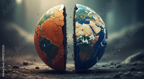 Split earth globe on ground with dramatic lighting effects and background