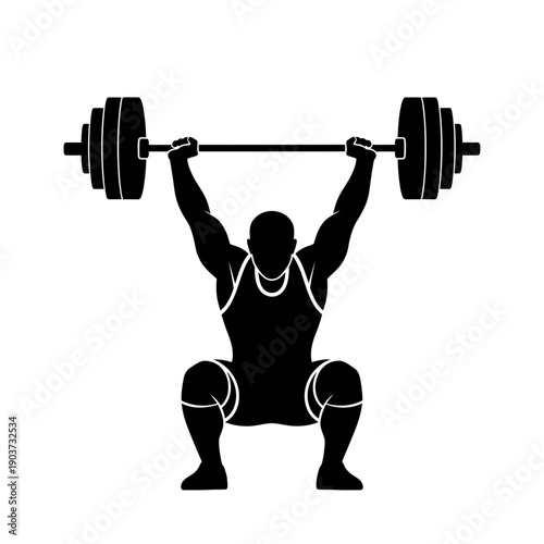 Weightlifter Lifting Heavy Barbell Overhead Silhouette.