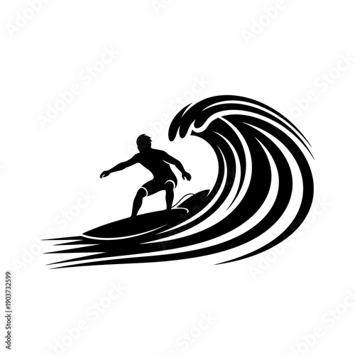Surfer Riding Wave Silhouette Graphic Illustration.