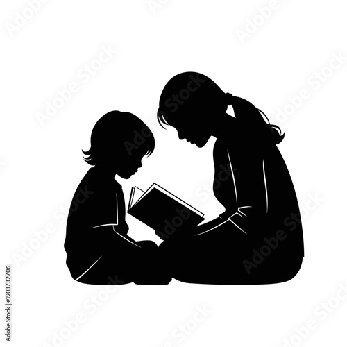 Woman and Child Reading Together Silhouette.