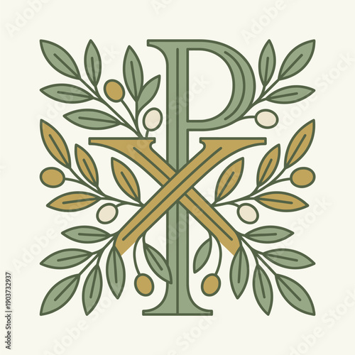 Chi Rho monogram with green olive branches