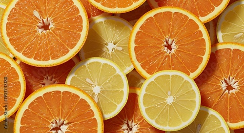 Sliced oranges and lemons arranged together in a colorful pattern