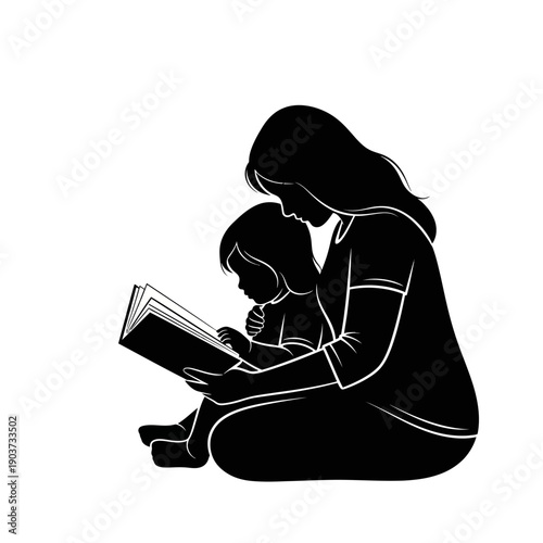 Mother and Child Reading Together Silhouette.