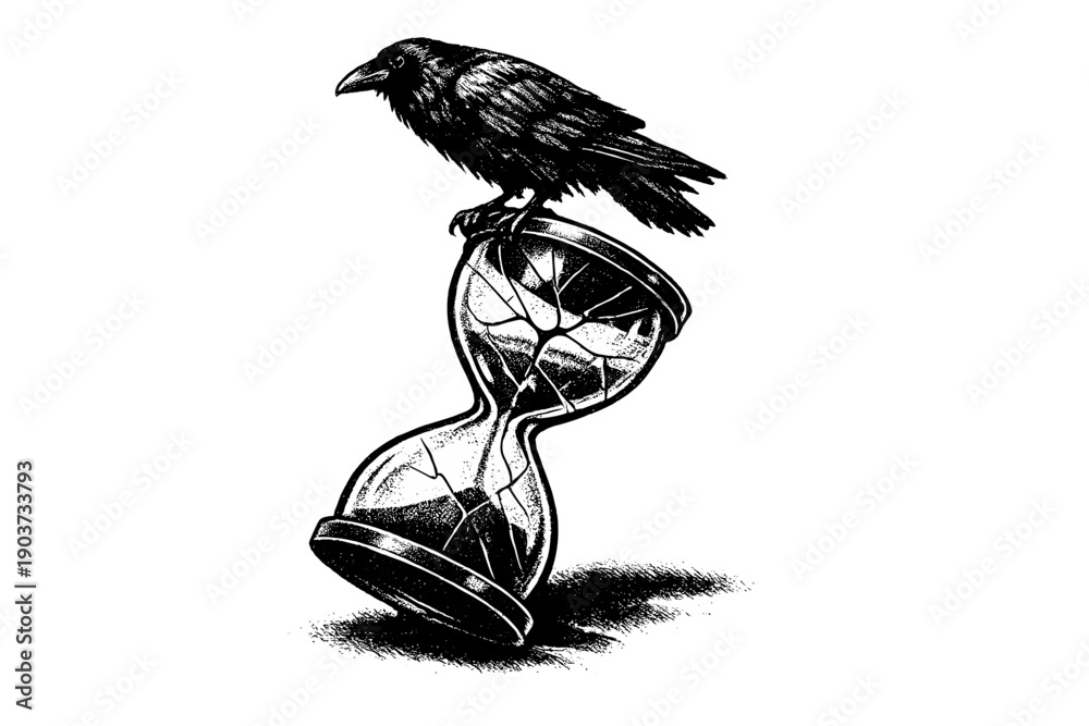 Fototapeta premium Raven on Hourglass. Black raven standing on a cracked hourglass frozen mid-fall, metaphor for halted time and omen,