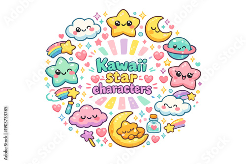 Kawaii star characters. Hand drawn illustration of Kawaii star characters. cute star faces, big shiny eyes, blush cheeks