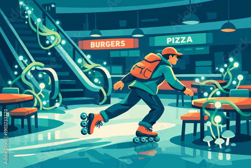 Inside the same modern flat illustration style, a lone explorer skates across a deserted food court illuminated by