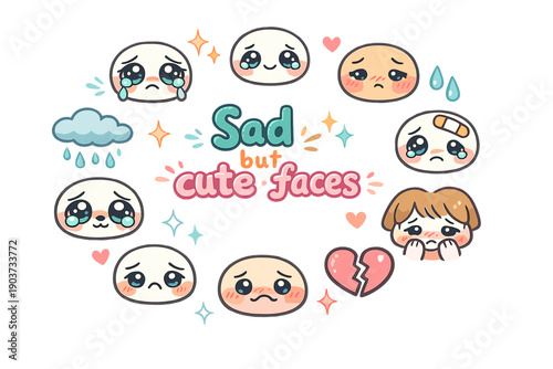 Sad But Cute Faces. Sad but cute faces. Hand drawn illustration of Sad but cute faces. teary eyes face, small smile face