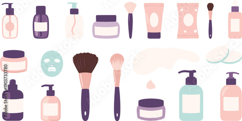 Skincare and beauty product icon set with cosmetic bottles jars brushes and facial masks