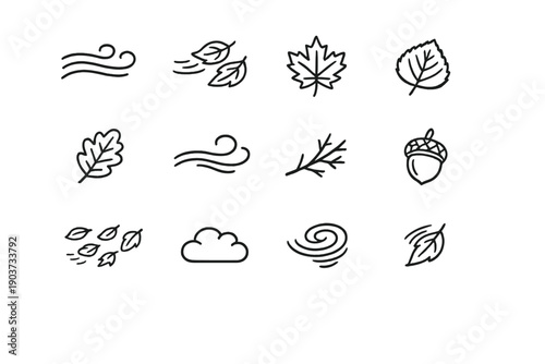 Autumn breeze illustration. Line outline icon set of Autumn breeze illustration: gentle wind lines, drifting leaves,