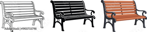 Collection of park bench illustrations in sketch black silhouette and realistic wood styles isolated on white background for design use