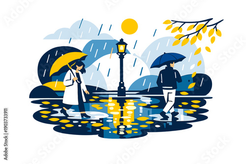 Autumn Rain Serenity. Autumn rain illustration. A quiet street under steady rain, golden leaves sticking to the pavement