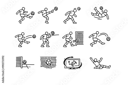 Football goal moments. Line outline icon set of Football goal moments: striker shot, volley kick, header goal, bicycle