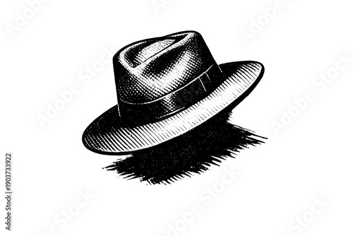 Wide-brim fedora hat alone, tilted forward as if hiding a face, classic prohibition-era crime symbolism, black and white