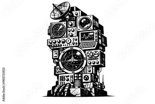 Antique space control panel depicted as a command totem, clustered instruments forming a bold geometric mass, harsh