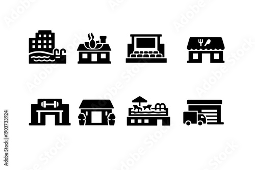 Hotel Facilities Exterior. Filled icon set of Hotel Facilities Exterior: hotel pool building, spa building, conference