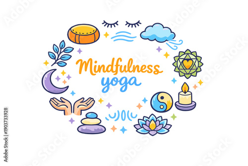 Mindful Yoga Symbols. Mindfulness yoga. Hand drawn illustration of Mindfulness yoga. meditation cushion, closed eyes