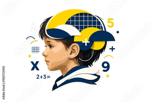 A child’s face in profile, realistic but softly lit, partially overlaid with geometric forms such as semicircles and