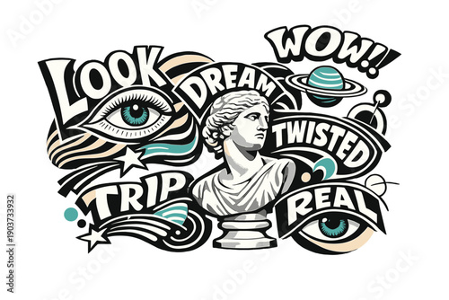 Surreal graphic collage depicting expressive black-and-white 1960s typography distorted and bent around unexpected