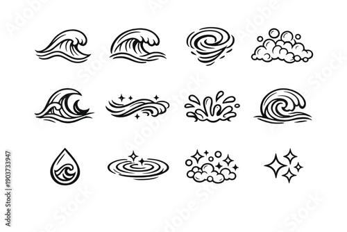 Fantasy sea elements. Line outline icon set of Fantasy sea elements: stylized wave, rolling wave crest, water swirl, sea