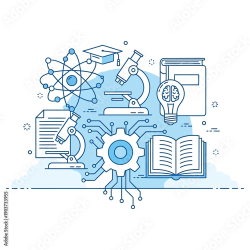 Scientific research and educational icons illustrating the convergence of technology learning development innovation and complex biological physics concepts