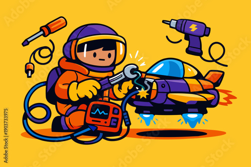 This scene shows a cosmic mechanic repairing a small hovering spacecraft, modern flat character illustration with