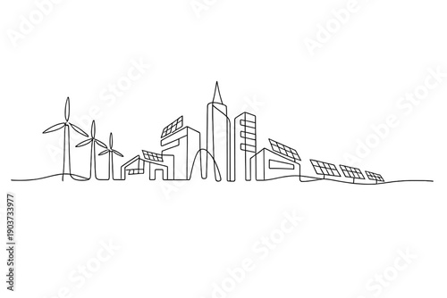 "Renewable energy world". Minimalistic one-line drawing city skyline powered by wind turbines and solar arrays