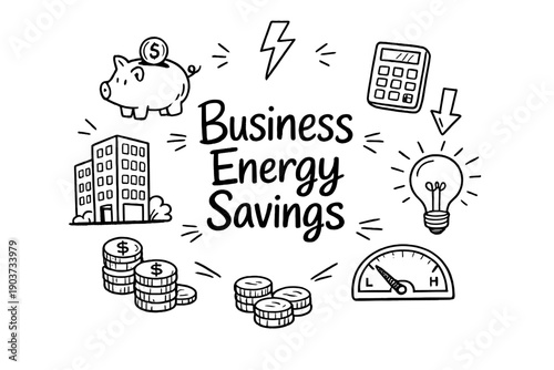 Business Energy Savings. Hand-drawn doodle illustration of Business Energy Savings. piggy bank, lightning bolt,
