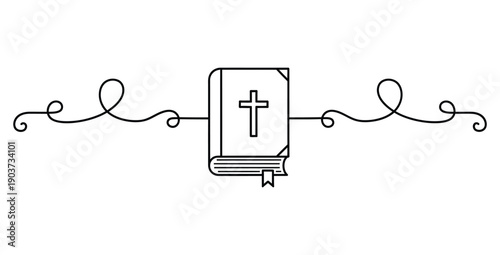 Simple black outline icon of a religious holy bible book centered between elegant decorative swirling flourish divider lines for spiritual design elements