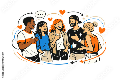 Creating a positive friend group. Diverse friends standing in a loose circle, smiling and talking openly, relaxed body