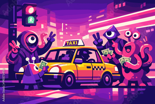 In the same modern flat illustration style, a night-shift megacity cab waits at a glowing intersection while strange