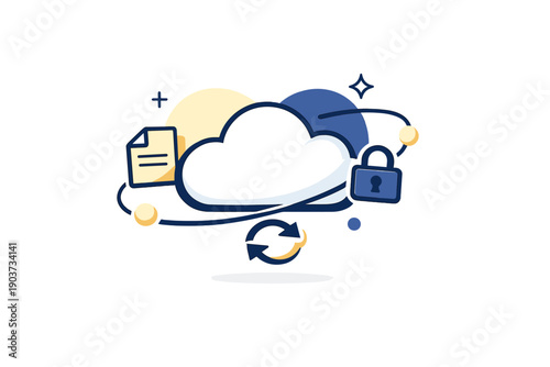 Cloud storage. Simple cloud symbol surrounded by file, lock, and sync icons, softly orbiting. Feeling of security,