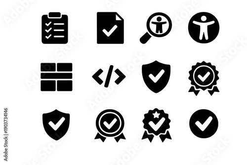 Digital accessibility standards. Filled icon set of Digital accessibility standards: WCAG checklist, compliance document