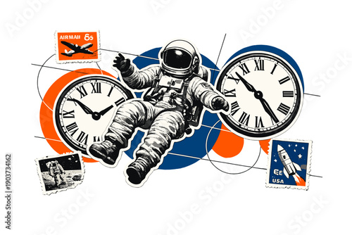 Retro Astronaut Collage. Retro astronaut in a classic space suit floating weightlessly, surrounded by oversized vintage
