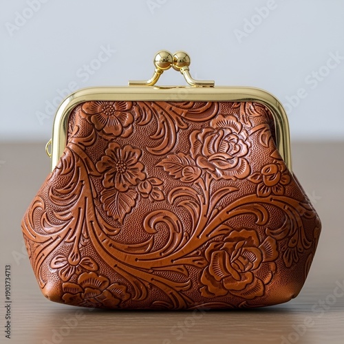 Beautiful brown leather purse with gold clasp and floral embossing on wooden surface