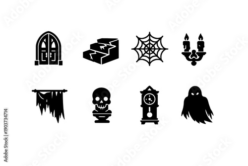 Haunted mansion details. Filled icon set of Haunted mansion details: gothic door, cracked stairs, spider web, wall
