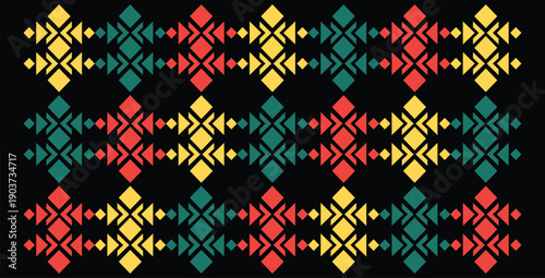 Abstract geometric pattern featuring repeating symmetrical diamond shapes in vibrant yellow teal and red colors against a solid black background for textile design