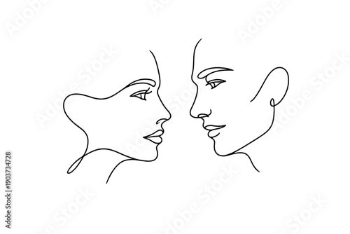 Silent Emotional Connection. Emotional face dialogue. Minimalistic one-line drawing two faces looking at each other
