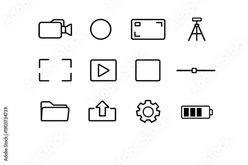 Video recording. Line outline icon set of Video recording: video camera, record dot, camera screen, tripod, frame