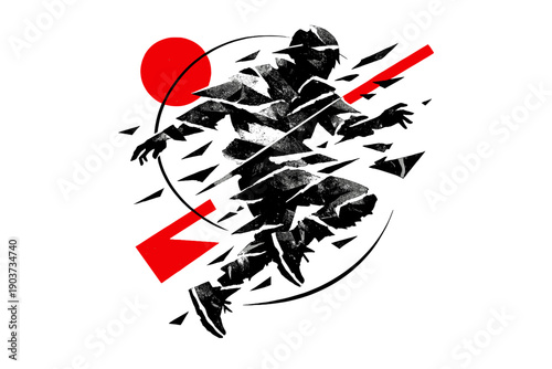 A dynamic dreamlike character constructed from fragments in motion, body dissolving into torn shapes and drifting