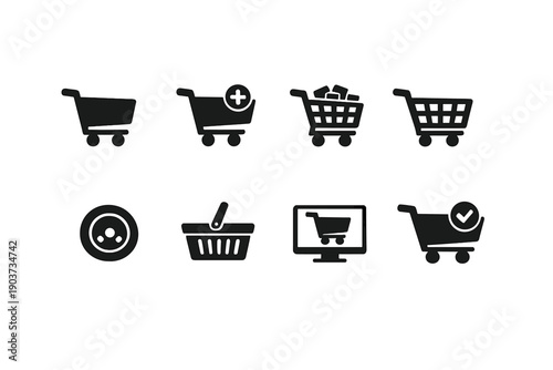 Shopping cart. Filled icon set of Shopping cart: shopping cart, add to cart, cart full, empty cart, cart wheel, basket