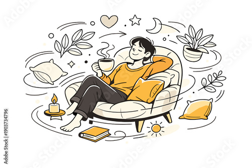 Lifestyle comfort concept. A relaxed person lounging in a cozy chair with a cup of tea, soft pillows and plants floating