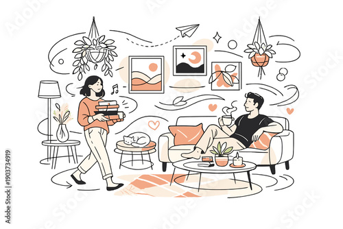 Stylish Floating Decor. Interior decoration illustration. A stylish living space with floating plants, framed art, and