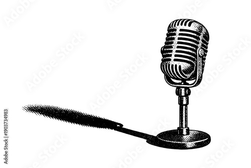 Black and white halftone illustration of a classic vintage microphone standing upright with a long dramatic shadow cast