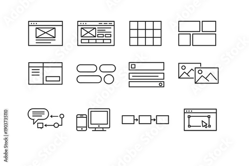 Wireframing. Line outline icon set of Wireframing: low fidelity wireframe, high fidelity wireframe, layout grid, content
