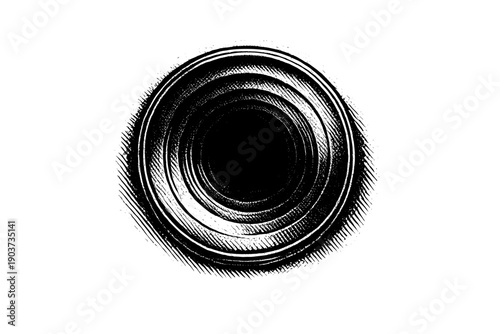 Classic camera lens depicted as an abstract portal, front-facing circular lens with concentric rings transforming into a