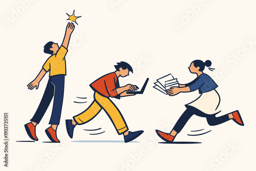 Modern flat illustration showing stylized characters collaborating in active work, one person standing on tiptoes