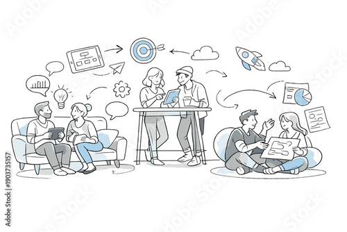 Dynamic Coworking Brainstorm. Startup coworking vibe. Small teams brainstorming on sofas and high tables, tablets and