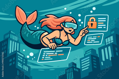 Beneath the same modern flat illustration style, a neon mermaid hacker swims between submerged skyscrapers, stylized