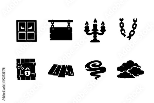 Eerie Haunted Icons. Creepy haunted house mood. Filled icon set of Creepy haunted house mood: eerie window face,