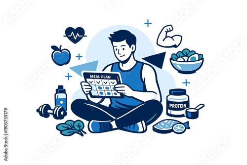 Personalized fitness nutrition plans. A person reviewing a custom meal chart on a tablet, healthy food icons aligning